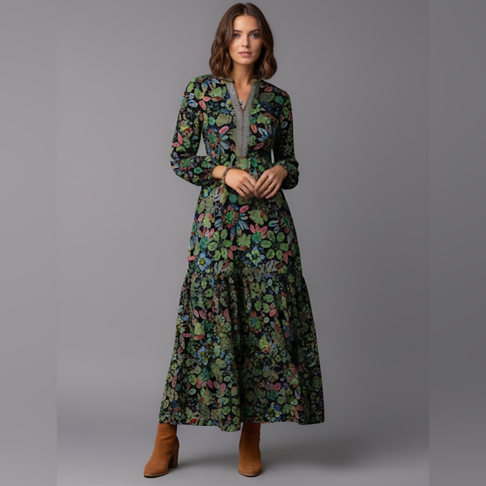 Boho Floral Print Lantern Sleeve Dress